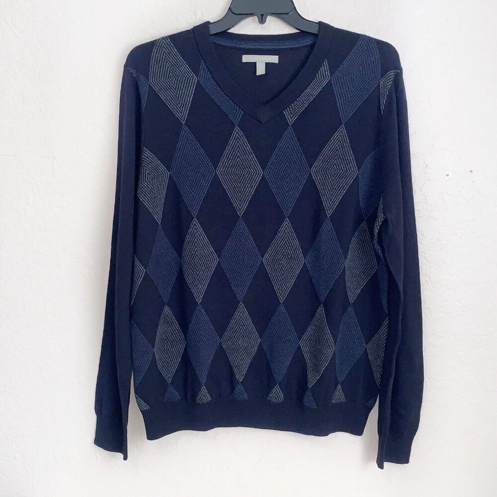 Nordstrom Extra Fine Merino Wool Sweater Mens XL Blue Argyle Long Sleeve preppy